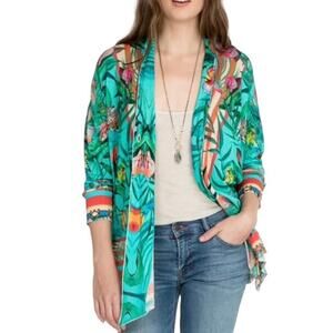 Johnny Was Tiana Swing Sweater Cardigan Single Button Teal Leopard Floral Sz S